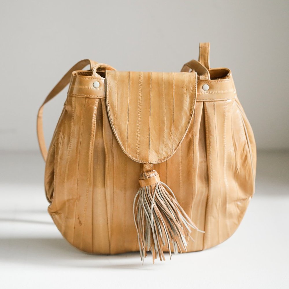 Light Camel Eel Skin Leather Oval OOAk Unique Tote